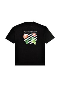 Czarna koszulka z krótkim rękawem z napisem "PAS DE MONACO" oraz graficznym motywem kwiatowym z zielonymi winogronami na pasek tle.