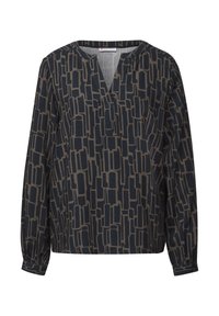 Blouse à manches longues bleu marine avec un motif géométrique beige, décolleté en V et poignets froncés, fabriquée à partir d'un tissu lisse.
