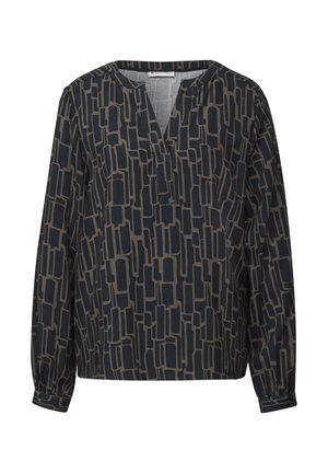 Navybluse mit langen Ärmeln, die ein geometrisches Muster in Beige aufweist, V-Ausschnitt und geraffte Bündchen, aus einem glatten Stoff gefertigt.