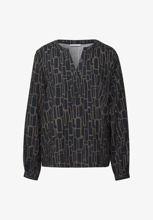 Marineblauwe blouse met lange mouwen, voorzien van een geometrisch patroon in beige, V-hals ontwerp en geplooide manchetten, gemaakt van een soepele stof.