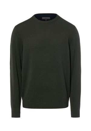 Pull vert foncé à col rond, manches longues, avec poignets et ourlet côtelés, étiqueté Finshley & Harding.