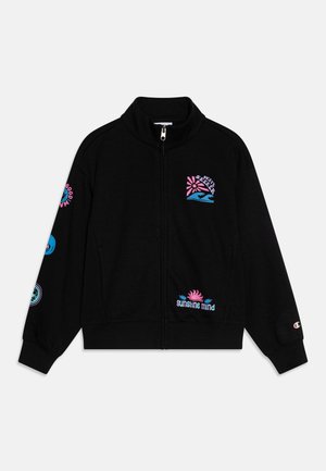 Felpa nera con zip realizzata in un tessuto morbido, con stampe colorate sul petto e sulle maniche, tra cui motivi di onde e sole.