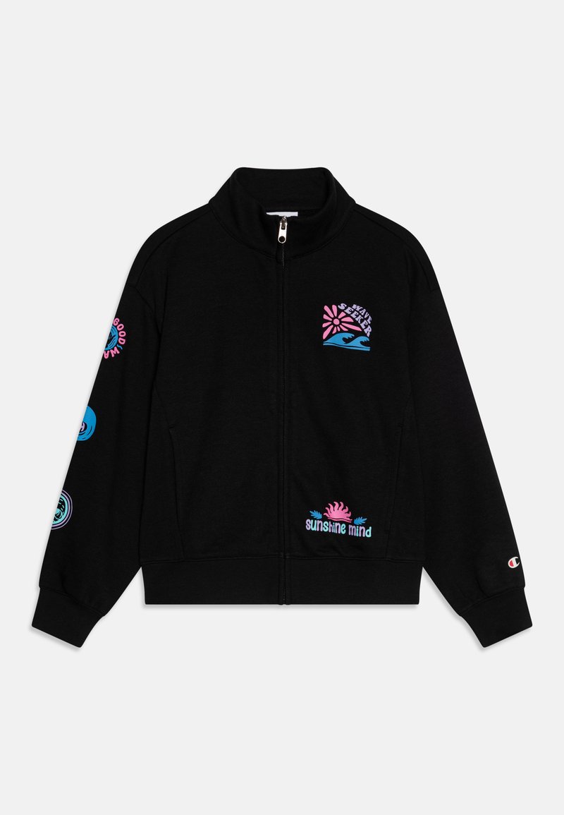 Veste zippée noire en tissu doux, ornée de motifs colorés sur la poitrine et les manches, incluant des vagues et des motifs de soleil.