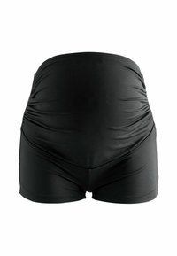 Mustad raseduslühikesed püksid, vöökohal kogutud kangaga. Sile, veniv materjal, keha järgiva lõikega. Ilma nähtava riistvara või mustriteta.