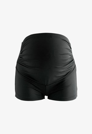 Mustat äitiysshortsit, joissa kankaan kerääntyminen vyötäröllä. Sileä, joustava materiaali ja istuva muotoilu. Ei näkyviä koristeita tai kuvioita.