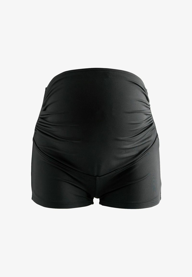 Mustad raseduslühikesed püksid, vöökohal kogutud kangaga. Sile, veniv materjal, keha järgiva lõikega. Ilma nähtava riistvara või mustriteta.