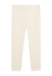 Pantalons couleur crème en tissu léger, dotés de deux poches avant, d'une taille avec passants de ceinture et d'une coupe droite.