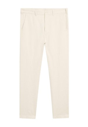 Kremowe spodnie wykonane z lekkiego materiału, z dwoma przednimi kieszeniami, paskiem z pętlami oraz prostym krojem nogawek.