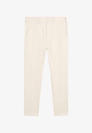 Kremowe spodnie wykonane z lekkiego materiału, z dwoma przednimi kieszeniami, paskiem z pętlami oraz prostym krojem nogawek.