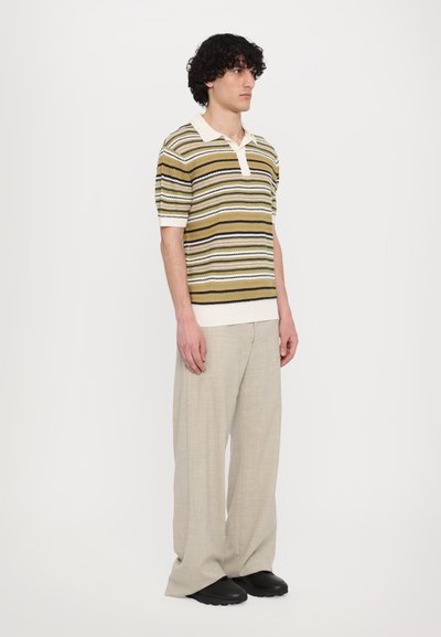 Polo a righe in maglia verde, marrone e bianco, con colletto crema. Abbinato a pantaloni larghi grigi chiari e scarpe nere.