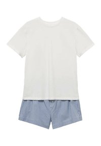 White cotton t-shirt with short sleeves, paired with blue and white striped shorts featuring a button at the waist.