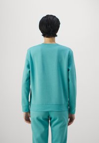 Sudadera turquesa de mangas largas, cuello redondo y puños acanalados, vista desde la parte trasera. El material tiene un acabado suave y texturizado.
