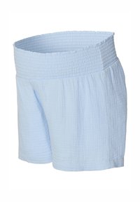 Světle modré krátké kalhoty z texturované tkaniny se širokým řaseným pasem navržené pro pohodlné nošení.