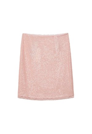 Gonna rosa al ginocchio coperta da piccoli paillettes luccicanti con un orlo leggermente smerlato, distesa su uno sfondo bianco.