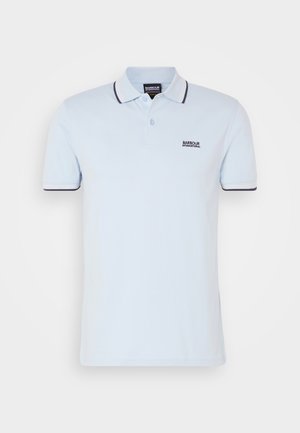 Light blue polo shirt made of cotton, featuring a classic collar, two-button placket, and contrasting navy trim on sleeves and collar.