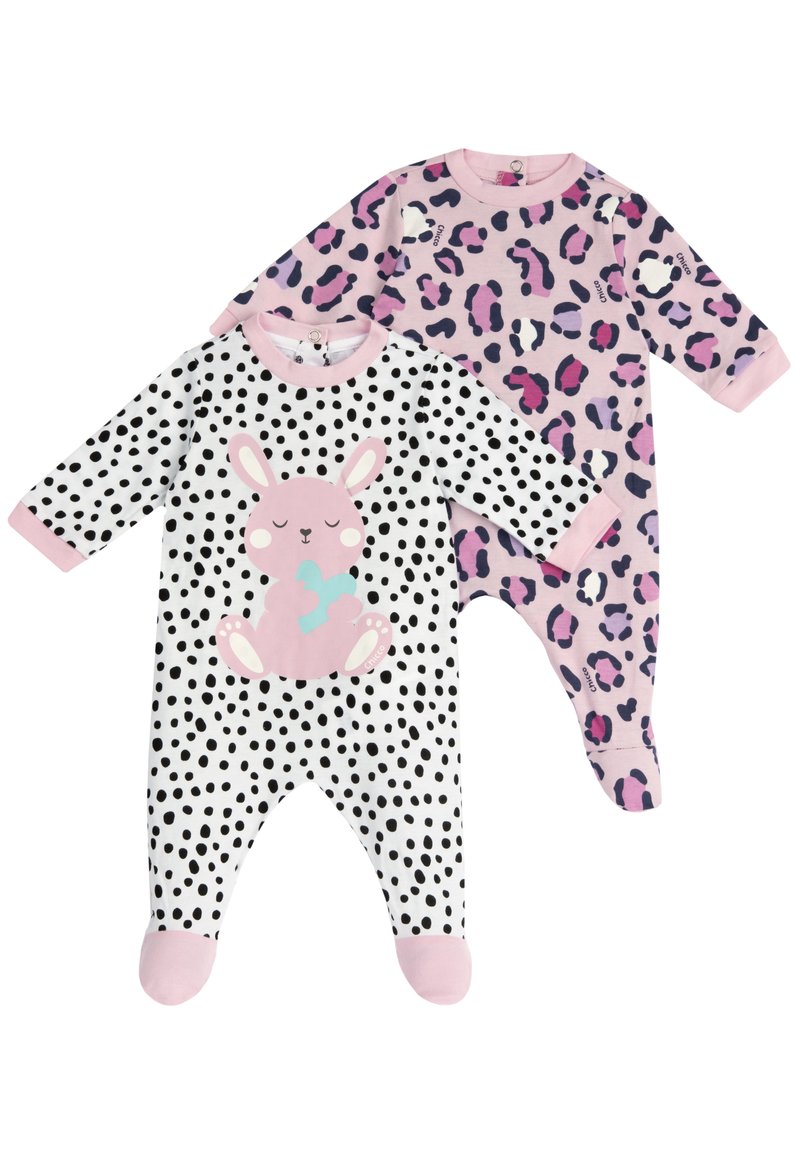 Deux combinaisons pour bébé : l'une avec une base blanche, des pois noirs et un graphique de lapin rose ; l'autre en rose avec un imprimé léopard dans des tons de violet et de noir.