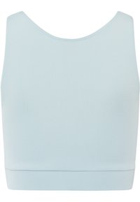 Ljusblå kort tanktop i slät och stretchig tyg. Har en rund halsringning och en figurnära fåll utan synliga knäppningar eller mönster.