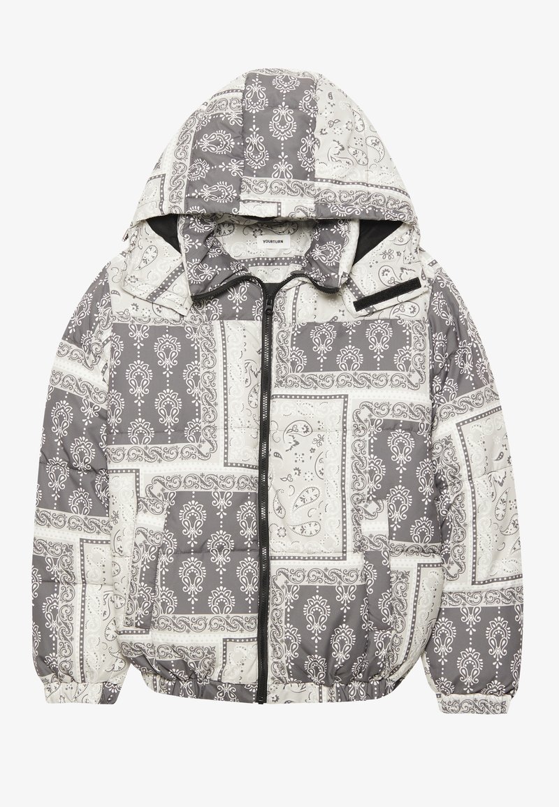 Κοντό γούνα jacket με κουκούλα, μαύρο φερμουάρ και περίπλοκα λευκά σχέδια paisley και λουλουδιών σε γκρίζο φόντο. Ελαστική τελείωση και μανσέτες.