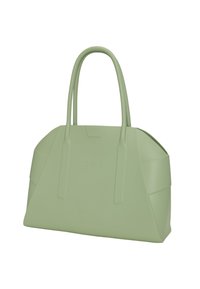 Zielona plastikowa torebka na ramię z podwójnymi uchwytami, geometrycznym wzorem i wytłoczonym logo. Gładka faktura z ukośnymi bokami i zorganizowaną formą.