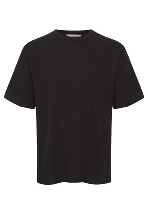 Zwart t-shirt met korte mouwen van ribstof, met een ronde halslijn en een relaxte pasvorm, met zichtbare stikselaccenten.