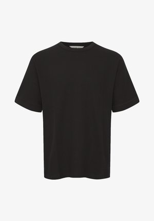 Zwart t-shirt met korte mouwen van ribstof, met een ronde halslijn en een relaxte pasvorm, met zichtbare stikselaccenten.