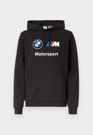 Fekete kapucnis pulóver első zsebbel, BMW kerek logóval, kék-piros M csík logóval, és "Motorsport" felirattal a mellkasán.