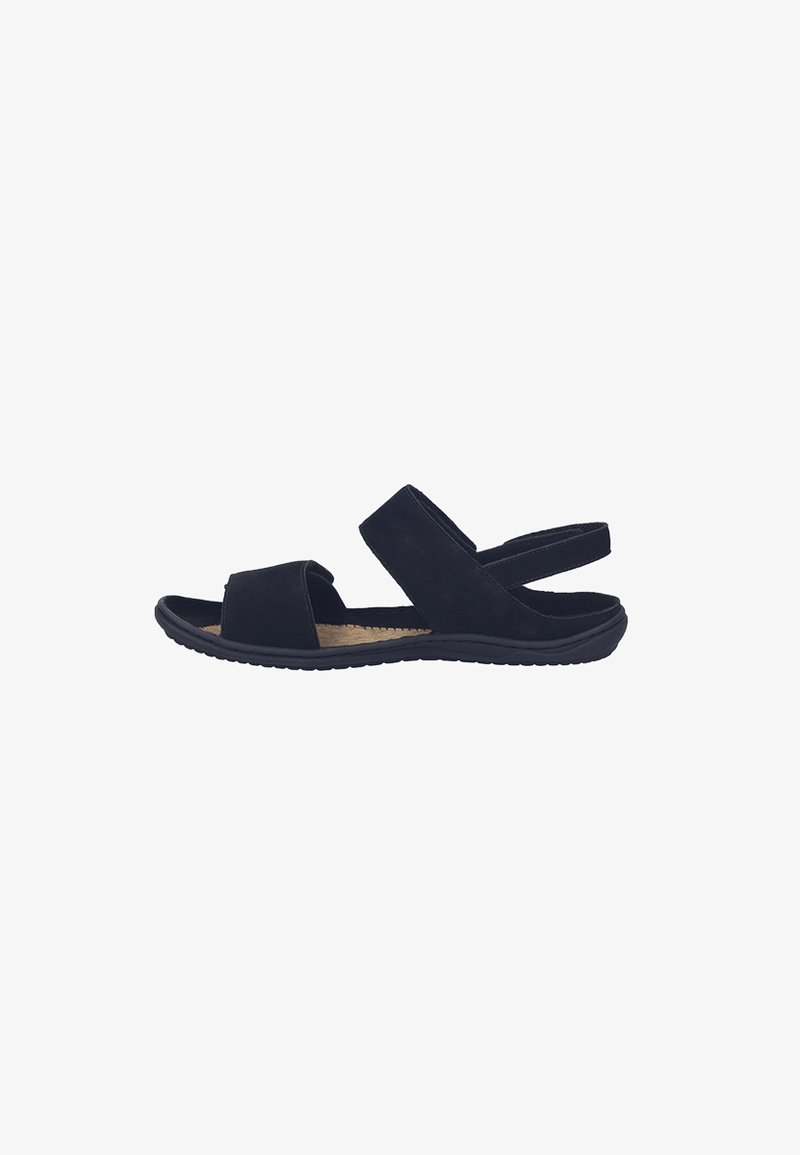 Black open-toe sandal with thick straps over the foot and around the heel, featuring a flat sole and cushioned footbed.