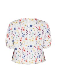 Lillelille särg valgel taustal, millel on mitmevärvilised lilled punases, sinises ja kollases. Lühikesed puhviga varrukad ja tagasulg.