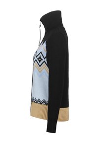 Pull à manches longues noir et beige avec col montant, fermeture éclair à l'avant, et motifs géométriques bleus, noirs et beiges sur la poitrine.