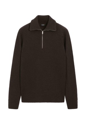 Dark brown ribbed pullover sweater with a high collar and a quarter-zip front, featuring long sleeves and a fitted waistband.