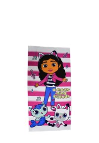 Tessuto colorato con un personaggio dai capelli castani e orecchie da gatto, circondato da due gatti cartoni animati, con strisce rosa e bianche e note musicali.