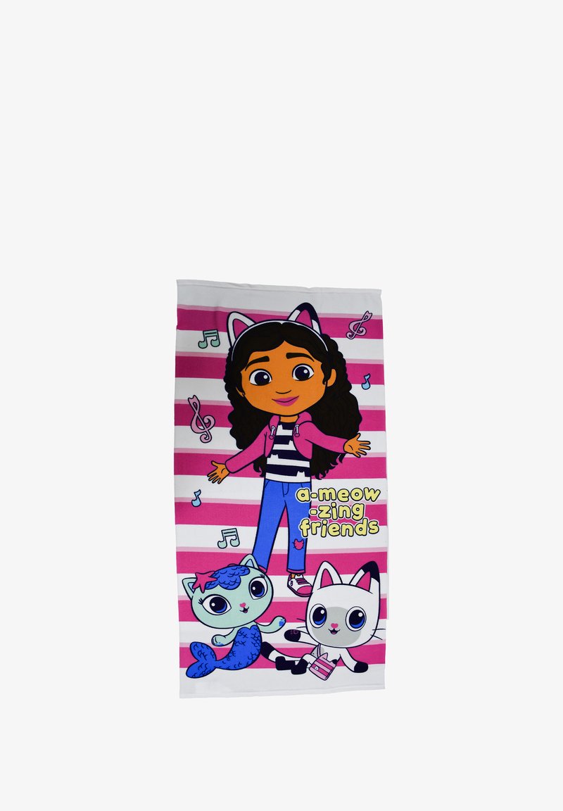 Tessuto colorato con un personaggio dai capelli castani e orecchie da gatto, circondato da due gatti cartoni animati, con strisce rosa e bianche e note musicali.