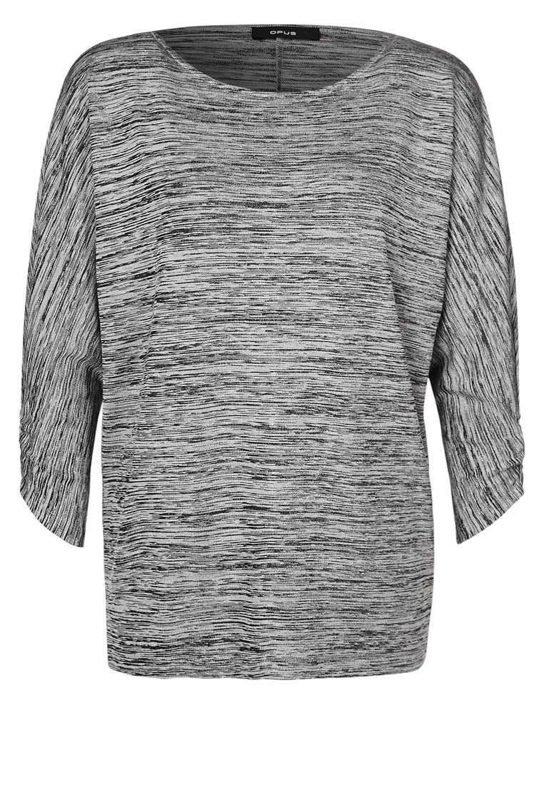 Szary dzianinowy top o luźnym, pudełkowym kroju, z szerokimi rękawami i teksturowanym paskowanym wzorem na całej powierzchni, zapewniający swobodny krój.