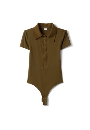 Olivegrüner kurzärmeliger, gerippter Bodysuit mit Kragen, Knopfleiste und Druckknöpfen im Schritt.