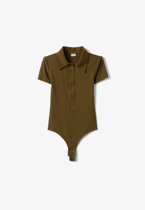 Olivegrüner kurzärmeliger, gerippter Bodysuit mit Kragen, Knopfleiste und Druckknöpfen im Schritt.