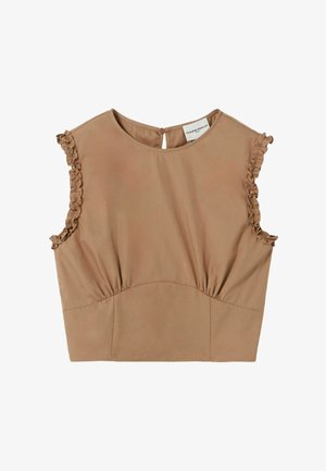 Top corto sin mangas beige con sisas fruncidas, escote redondo, cierre con botones en la espalda y detalles discretos de costura en la parte delantera.