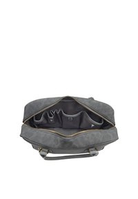 Graue Lederhandtasche mit teilweise offenem goldfarbenem Reißverschluss, die mehrere Innentaschen und Fächer zur Organisation von Gegenständen zeigt.