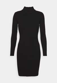 Abito lungo a maniche lunghe in maglia a coste nera, con collo alto e zip sul retro, silhouette aderente e orlo all'altezza del ginocchio.