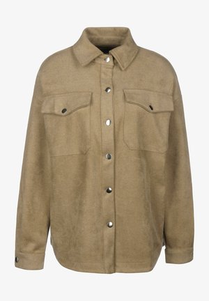 Chemise-veste beige en mélange de laine avec col classique, fermeture avant par boutons, deux poches poitrine et détails en métal argenté.