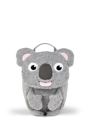 Small gray backpack designed to look like a fluffy koala with large eyes, ears, and a handle on top.
