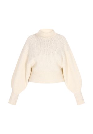 Cremefarvet strikket sweater med høj hals, ballonsleeves, ribbede manchetter og en tætsiddende talje.