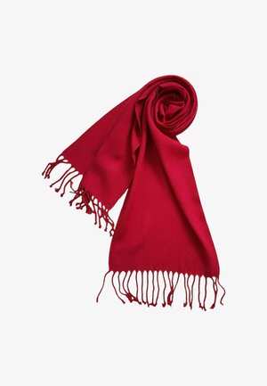 Écharpe rouge douce avec des extrémités à franges, partiellement roulée, présentée sur un fond blanc.