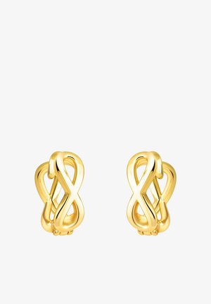 Boucles d'oreilles créoles de couleur dorée avec un design infini entrelacé. Surface lisse avec une texture brillante, présentant une forme compacte.