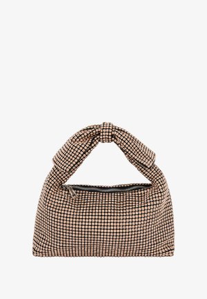 Perlenhandtasche mit einem geknoteten Griff, ausgestattet mit einem strukturierten Gittermuster in Roségold und Schwarz. Reißverschluss entlang der oberen Kante.