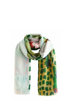 Silk scarf featuring a mix of pastel colors, botanical prints in greens and pinks, with a smooth texture and fringed edges.