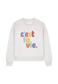 Lichtgrijze crewneck sweatshirt met een oversized pasvorm en geribde boorden, met daarop kleurrijke tekst "c'est la vie." in speelse lettertypen.