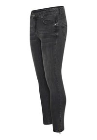 Jeans skinny de mezclilla negra con tiro medio, detalles de cremallera en los tobillos, diseño de cinco bolsillos y un sutil desgastado para textura.