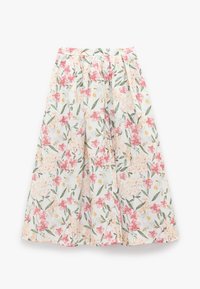 Blomster midi nederdel i let stof. Udsmykket med pink og orange blomster samt grønne blade på en hvid baggrund. Plisseret design i taljen.