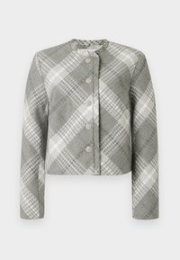 Giacca cropped con un motivo a scacchi grigio e bianco, caratterizzata da un colletto tondo, maniche lunghe e cinque bottoni decorativi sul davanti.