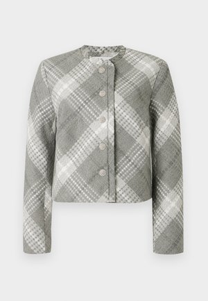 Gekürzte Jacke im grau-weißen Karomuster, mit rundem Ausschnitt, langen Ärmeln und fünf dekorativen Knöpfen an der Vorderseite.